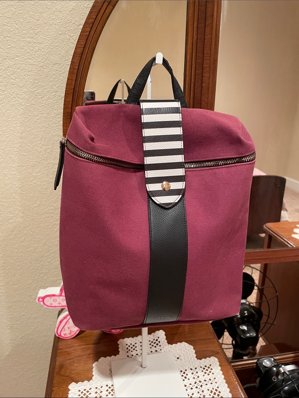 Henri Bendel Canvas Backpack in Deep Berry with Black Trim